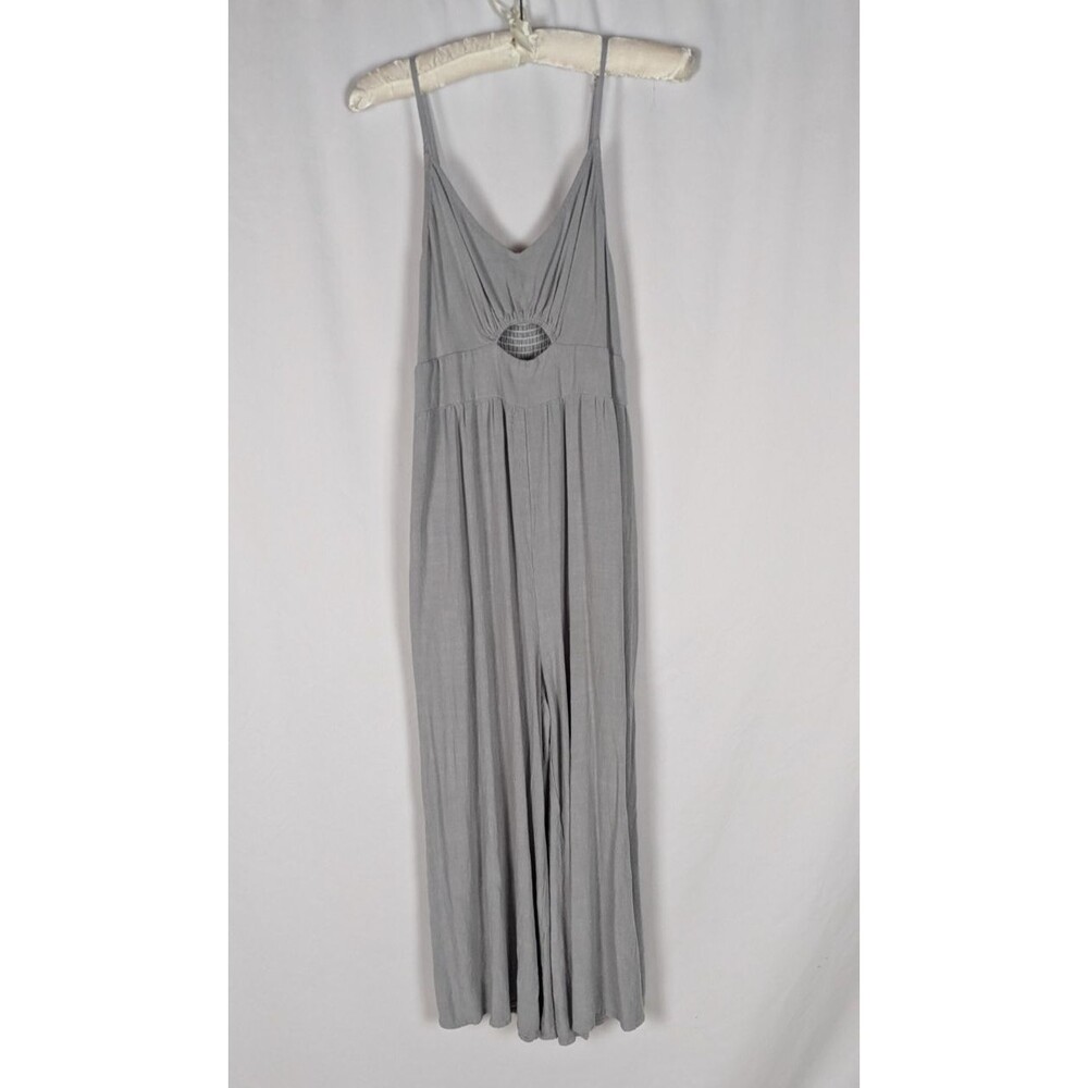 Women's Jumpsuit L Gray Vneck Cut Out Front Wide Leg Linen Blend Romper Pockets